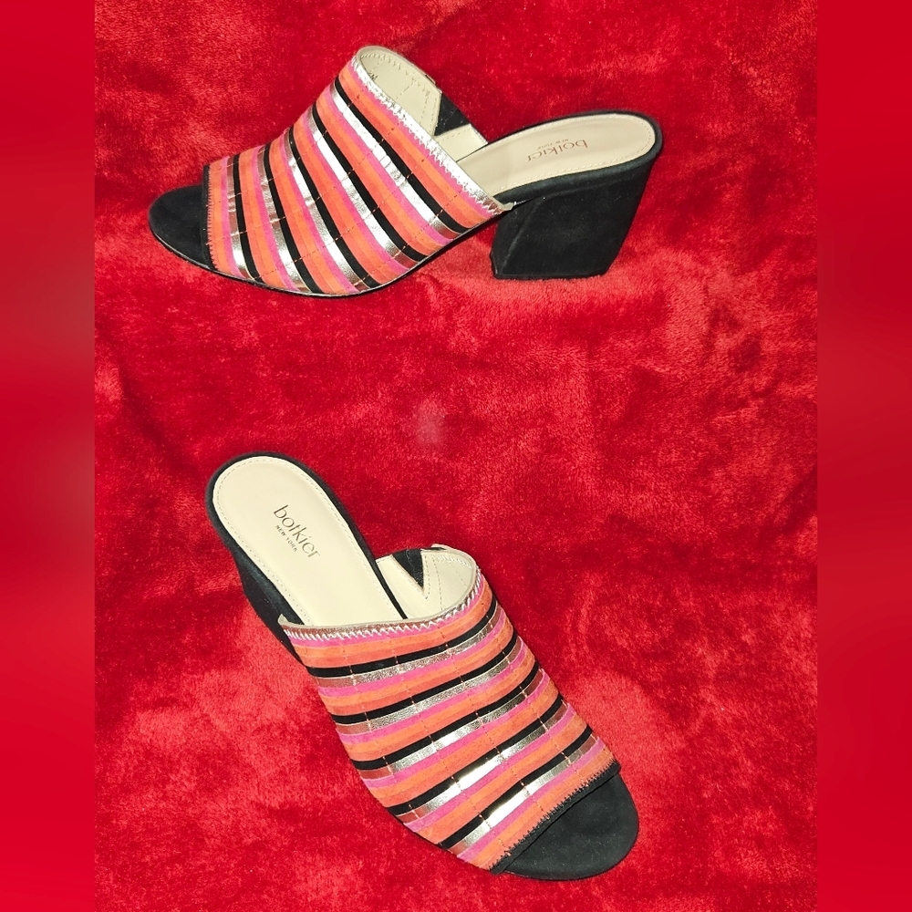 Botkier Posie Suede Leather Multicolor Striped Block High Heel Mules - Size 6.5